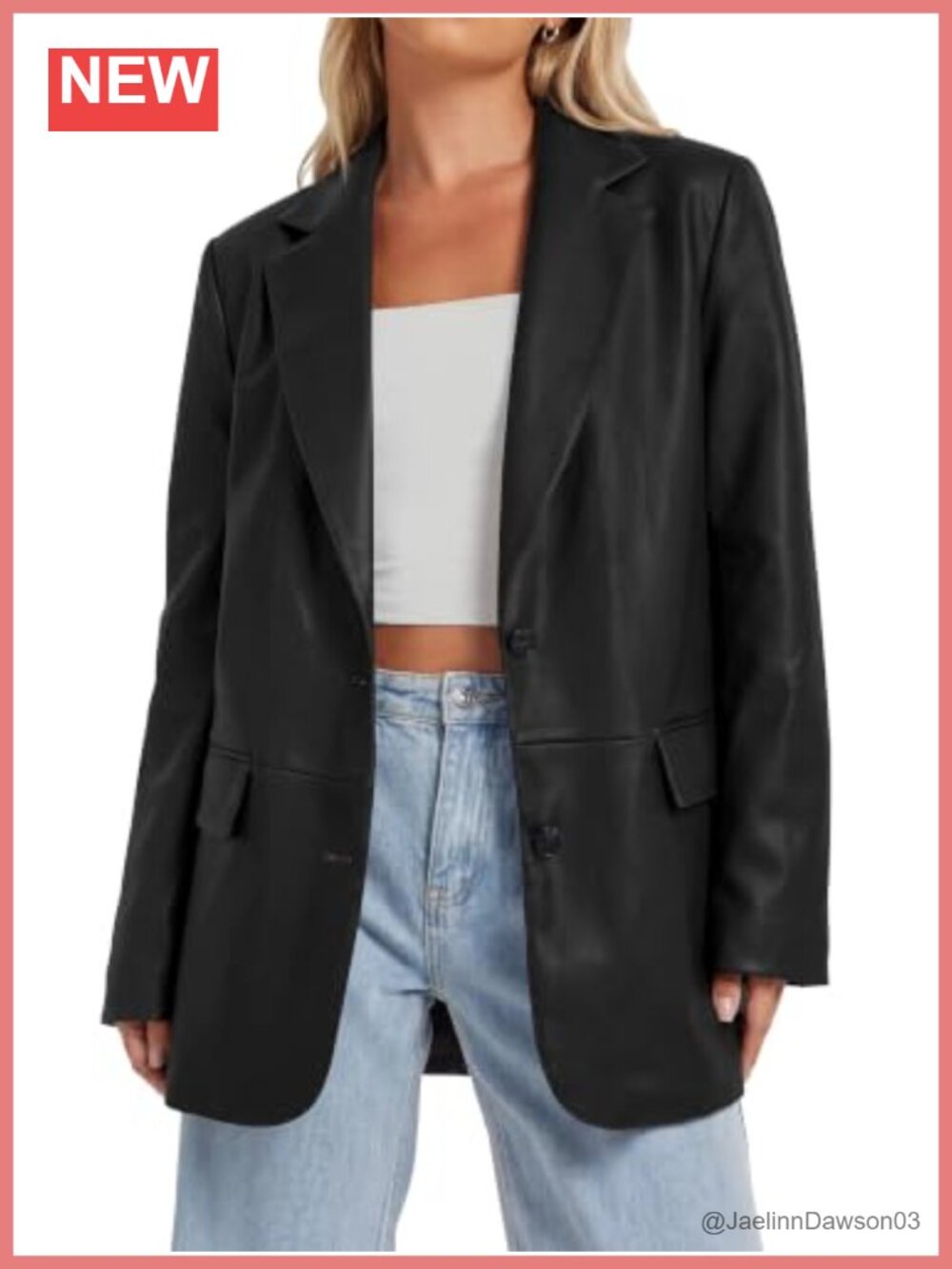 Faux Leather Blazer Jacket Loose Fit Flap Pockets Business Casual